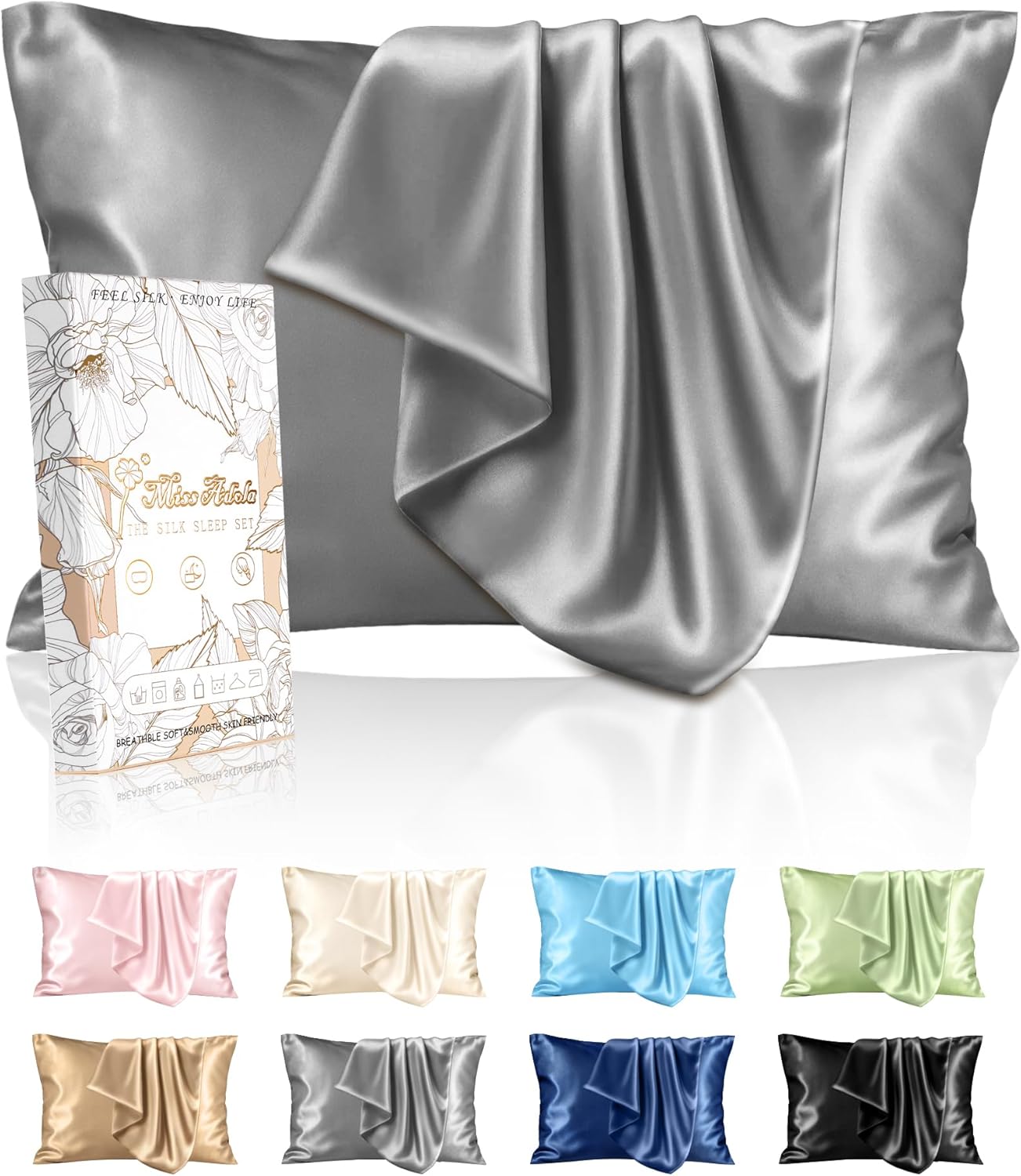 Silk Pillowcase 2 Pack - Pillow Cases King Set of 2 Size 20" x 36" for Hair and Skin Smooth Soft Breathable with Hidden Zipper Cooling Pillow Covers forWomen, Light Grey