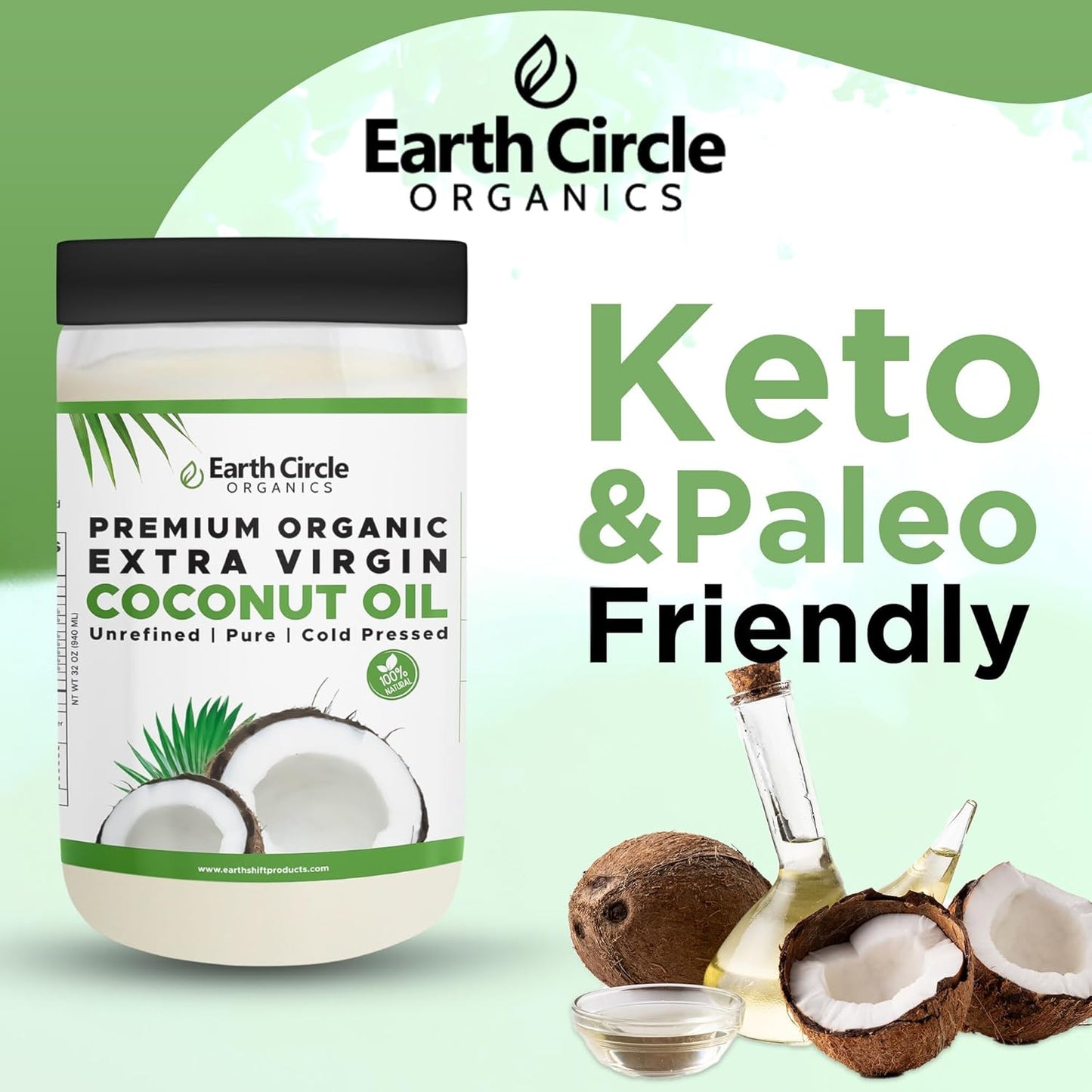 Earth Circle Organics Premium Ultra Pure Extra Virgin Coconut Oil, Cold Pressed, Baking, Smoothies, Skin & Hair Care, Gluten-Free, Keto & Paleo Friendly (32 Ounce Unrefined) - Pack of 3