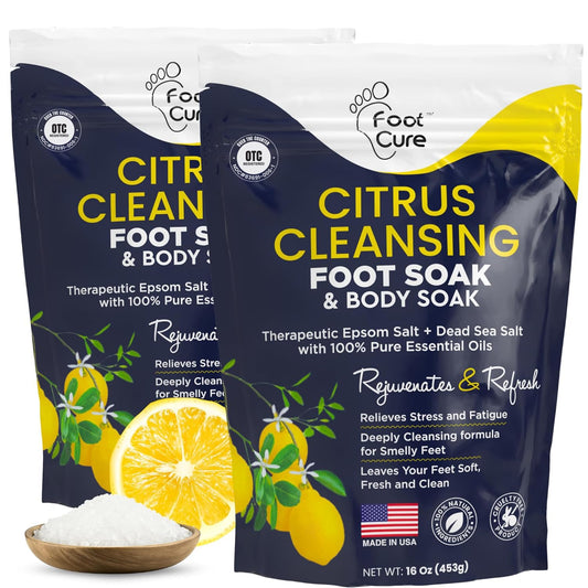 FOOT CURE Citrus Detox Foot Soak With Epsom Salts for Foot Callus, Immune Boost, Damaged Toenail, Athletes Foot, Pedicure and Soothes Tired Aching Feet - 16 oz (Pack of 2)