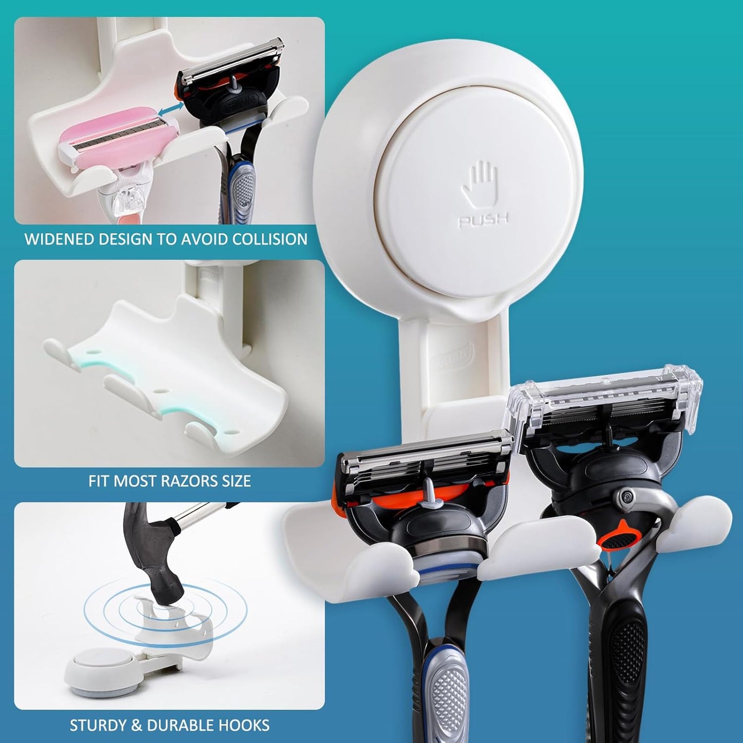 TAILI Suction Cup Razor Holder in Shower 2 Pack, Towel, Loofah, Shaver Holder for Bathroom Wall, Powerful Suction Cup Shower Hooks, Easy to Install and Reuse, White