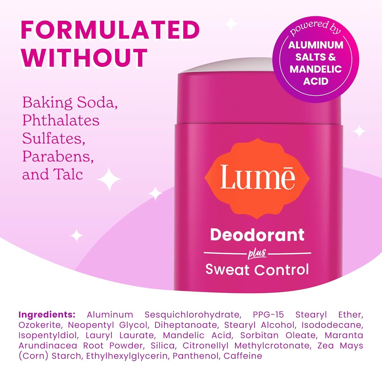 Lume Deodorant Plus Sweat Control - Smooth Solid Stick - Extra Strength Antiperspirant - 72 Hour Odor And Sweat Control - Baking Soda Free, Skin Loving - 2.6 ounce (Unscented) Pack of 2