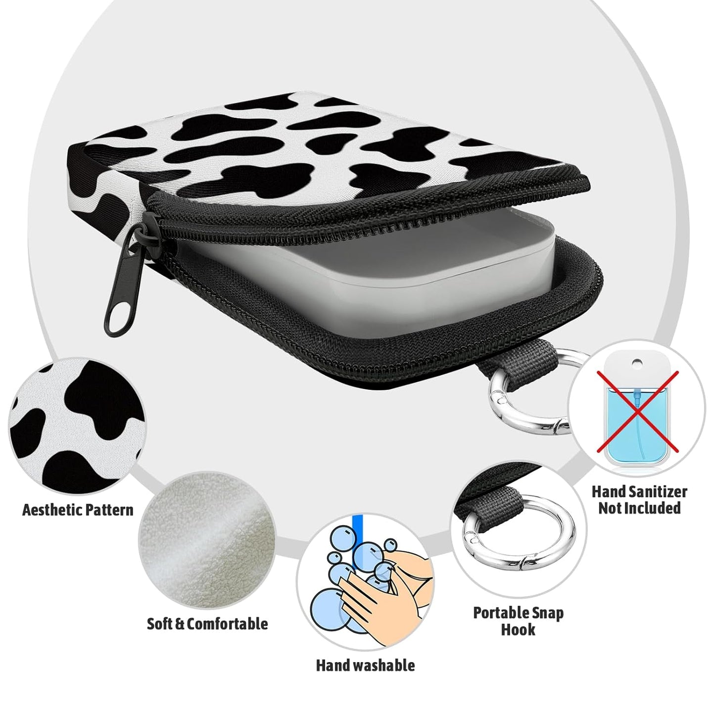 Cow Print Hand Sanitizer Spray Case, Hand Sanitizer Holder Zippered Pouch, Cute Fashion Accessory with Snap Hook for Glow Mist and Power Mist 1FL OZ