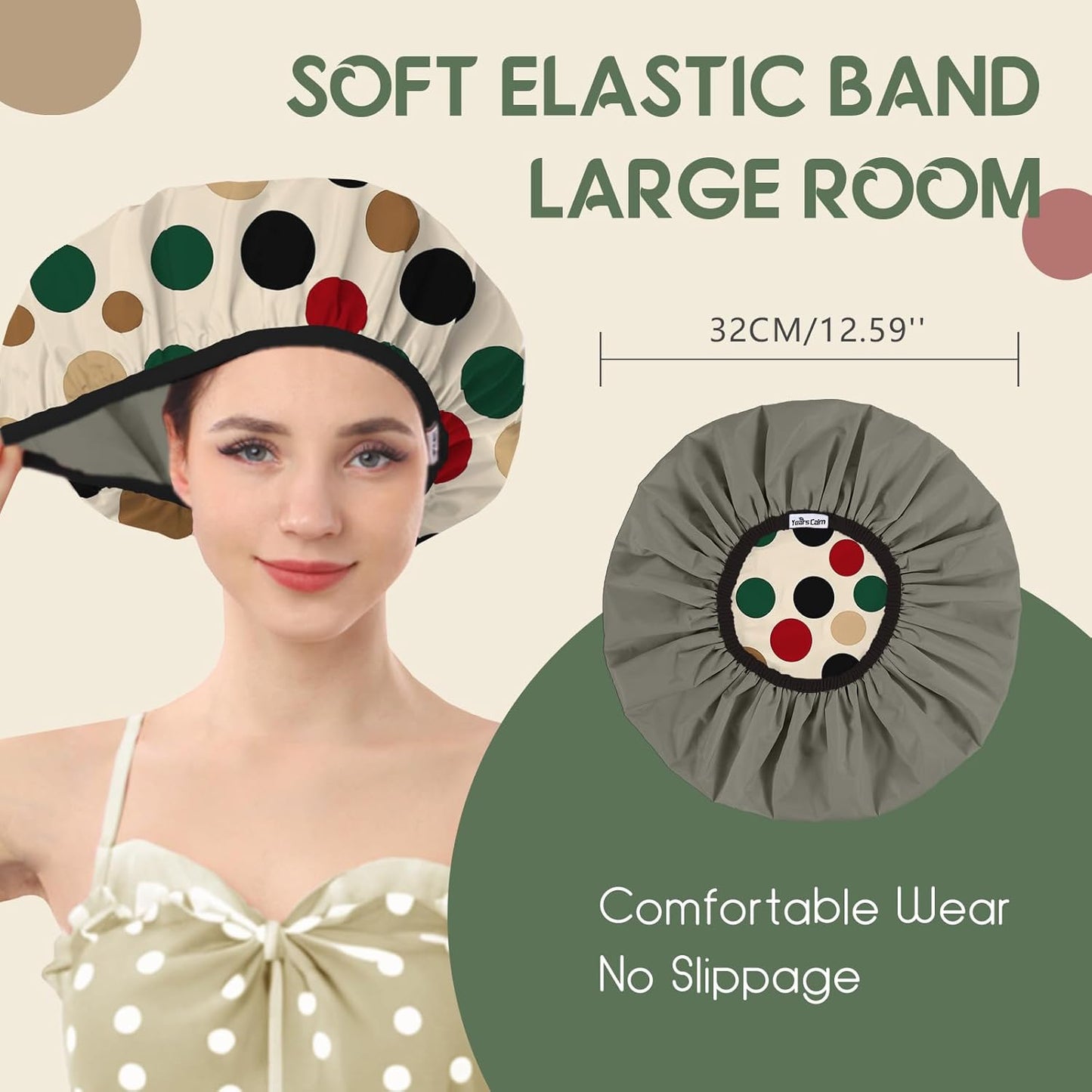 Years calm Luxury Shower Caps for Women Reusable Waterproof – Polka Dot Double Layer Bath Cap with Adjustable Elastic for Braids & Long Hair, Comfortable & Stylish, Versatile Use (Beige)