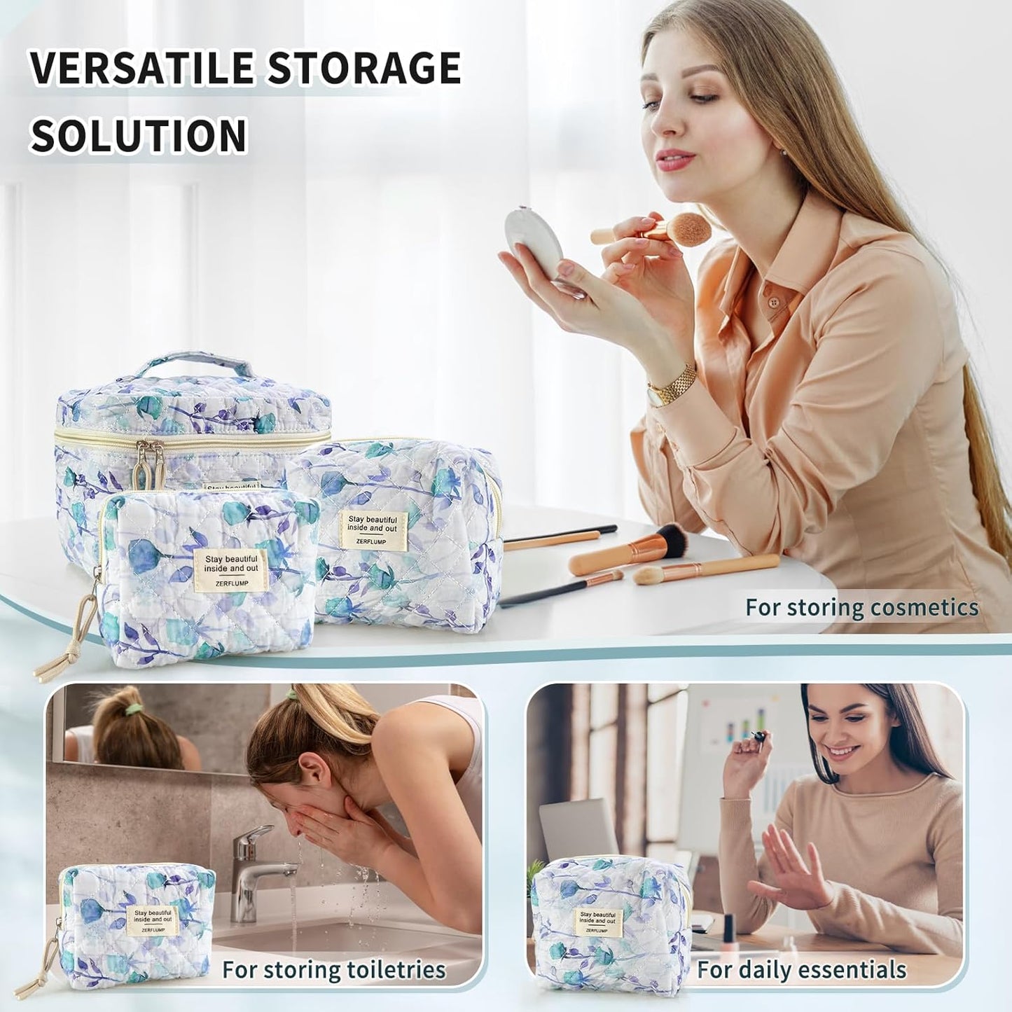 Cute Quilted Floral Makeup Bag(3Pcs)，Coquette Aesthetic Cosmetic Bag，Travel Toiletry Bags， Kawaii Aesthetic pouch for Women (2 - Long Branch Flower)