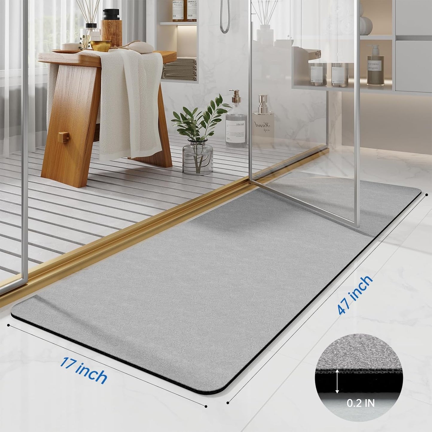 Bathroom Mat Rugs 47x17, Long Diatomaceous Earth Bath Mat Large Quick Dry Bath Mat Non Slip Rubber Backed Super Absorbent Shower Mat, Thin Bathroom Runner Rugs Floor Mat Fit Under Door, Grey
