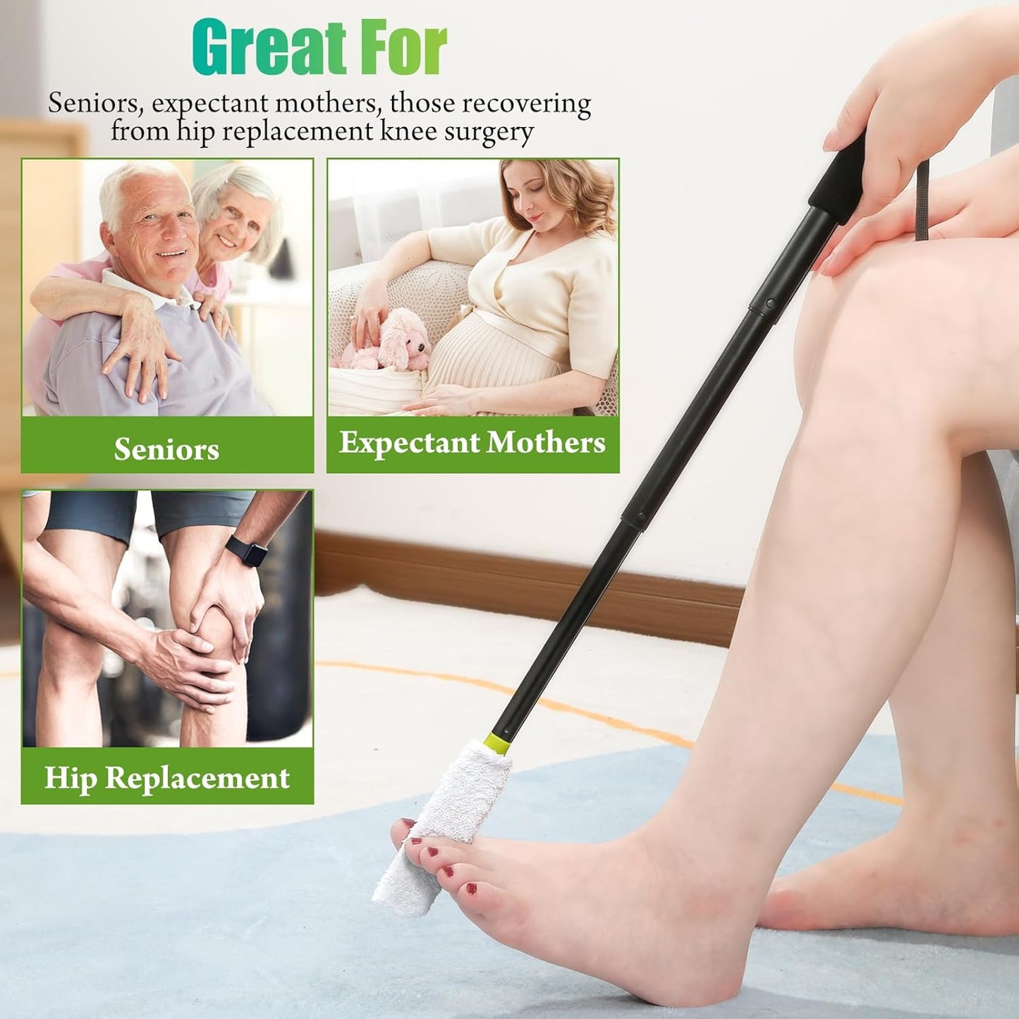 Toe Cleaning Brush,Foot Brush with Reusable Drying Covers.Foot Scrubber with Telescopic Aluminum Alloy 12"-24",Long- Handled Toe Lotion Applicator for Seniors,Elderly, Disabled Men and Women