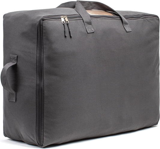 Soft Canvas Storage Bags with Zipper. Thick Breathable, 1pc King/Queen Comforter Organizer. Four Carrying Handles and Window. Large 25x19x9in Bag for Sheets Blankets Bedding Pillows, Clothes (Grey)