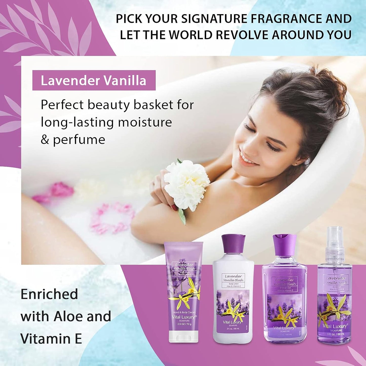 Lavender Vanilla Blush Bath & Body Kit, 3 Fl Oz, Ideal Skincare Gift Home Spa Set, Includes Body Lotion, Shower Gel, Body Cream, and Fragrance Mist,Birthday Mother's Day Gifts
