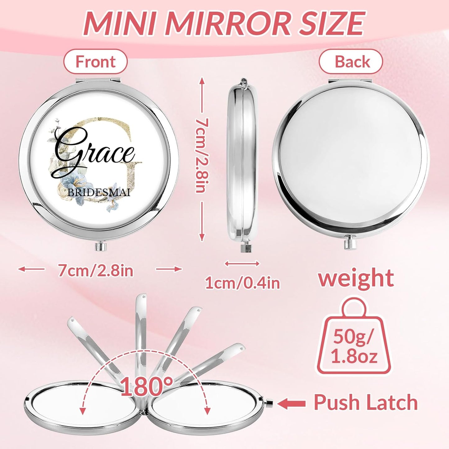 Personalized Compact Mirror – Custom Pocket Mirror with Name, Monogram Travel Purse Mirror for Women, Bridal Shower Favors & Bridesmaid Gifts, Portable Makeup Accessory (Initials)