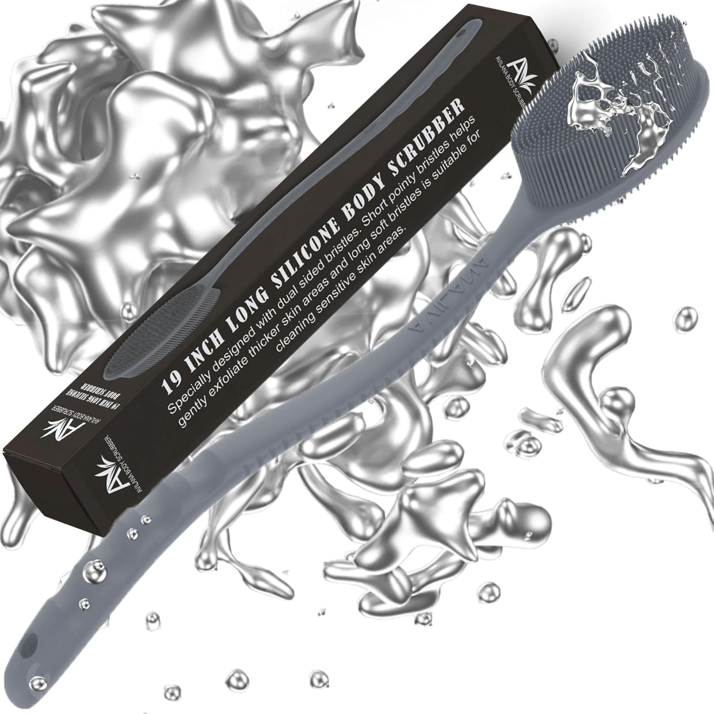 Avilana Silicone Body Scrubber - Food Grade & Lab Tested, Gentle Exfoliating Shower Brush for All Skin Types, Hygienic Quick-Dry Loofah Alternative (Dark Gray, Long Handle-Silver)