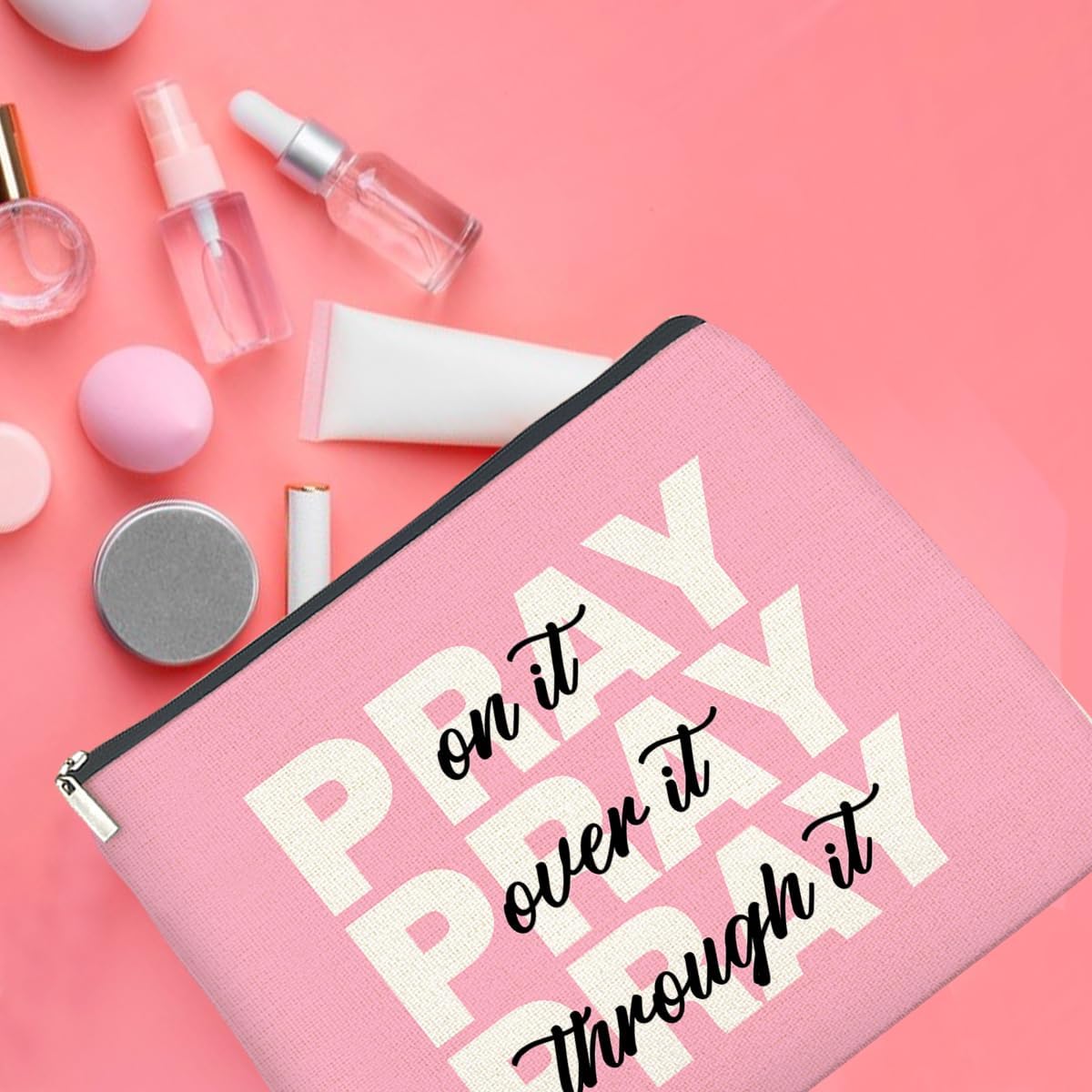 Inspirational Pray On It Pray Over It Makeup Bag Gifts for Women Christian Religious Pink Cosmetic Bag Zipper Pouch Travel