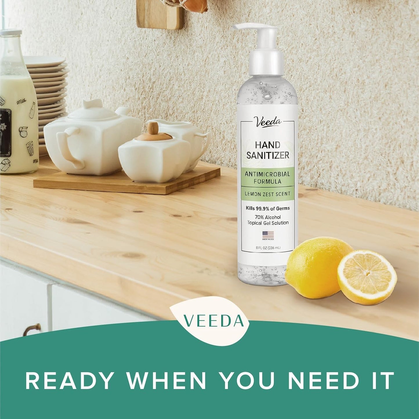 Veeda Scented Hand Sanitizer with Lemon Zest Scent - Moisturizing Clear Gel with Vitamin E & Antimicrobial Formula- Contains 70% Ethyl Alcohol - Hand Sanitizer Travel Size, Made in USA - 8 fl. oz.