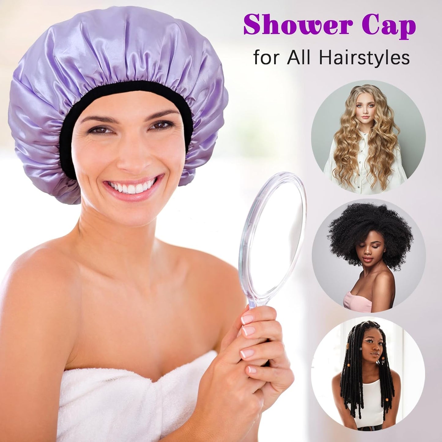 Shower Cap Reusable Waterproof, Terry Lined Shower Caps for Women, Triple Layer Hair Cap for Shower, Large Plastic Shower Cap for Braids Long Hair