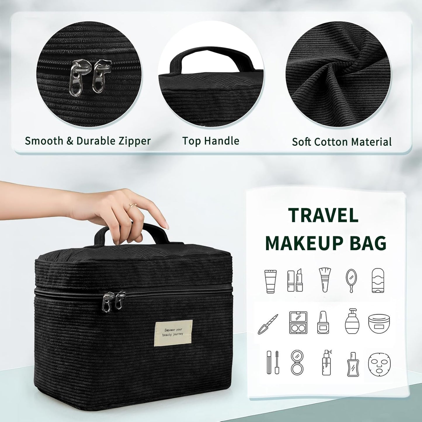 4 Pcs Makeup Bag for Women Corduroy Cosmetic Bag Aesthetic Cute Bags Multi Size Purse Pouch Travel Toiletry Bag Set Makeup Organizer with Zipper(Black)