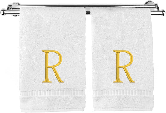 Monogrammed Hand Towel, Personalized Initial Gift, Extra Absorbent 100% Turkish Cotton - Soft Terry Finish - Set of 2 - Gold Block Initial R - Embroidered on White Towels