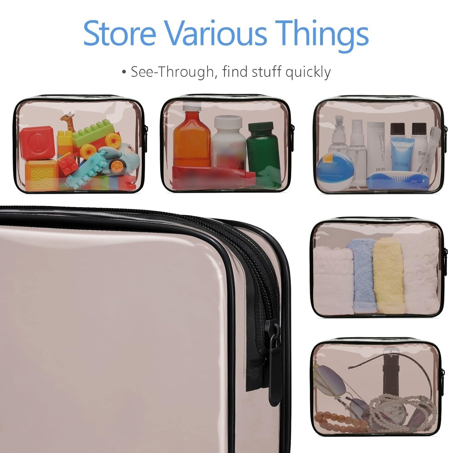 PACKISM Clear Makeup Bags - 3 Pack Tsa Approved Toiletry Bag with Zipper, Water-resistant Cosmetic Bags Travel Size Toiletries Fit Essentials, Carry-on Clear Travel Bags, Black Brown