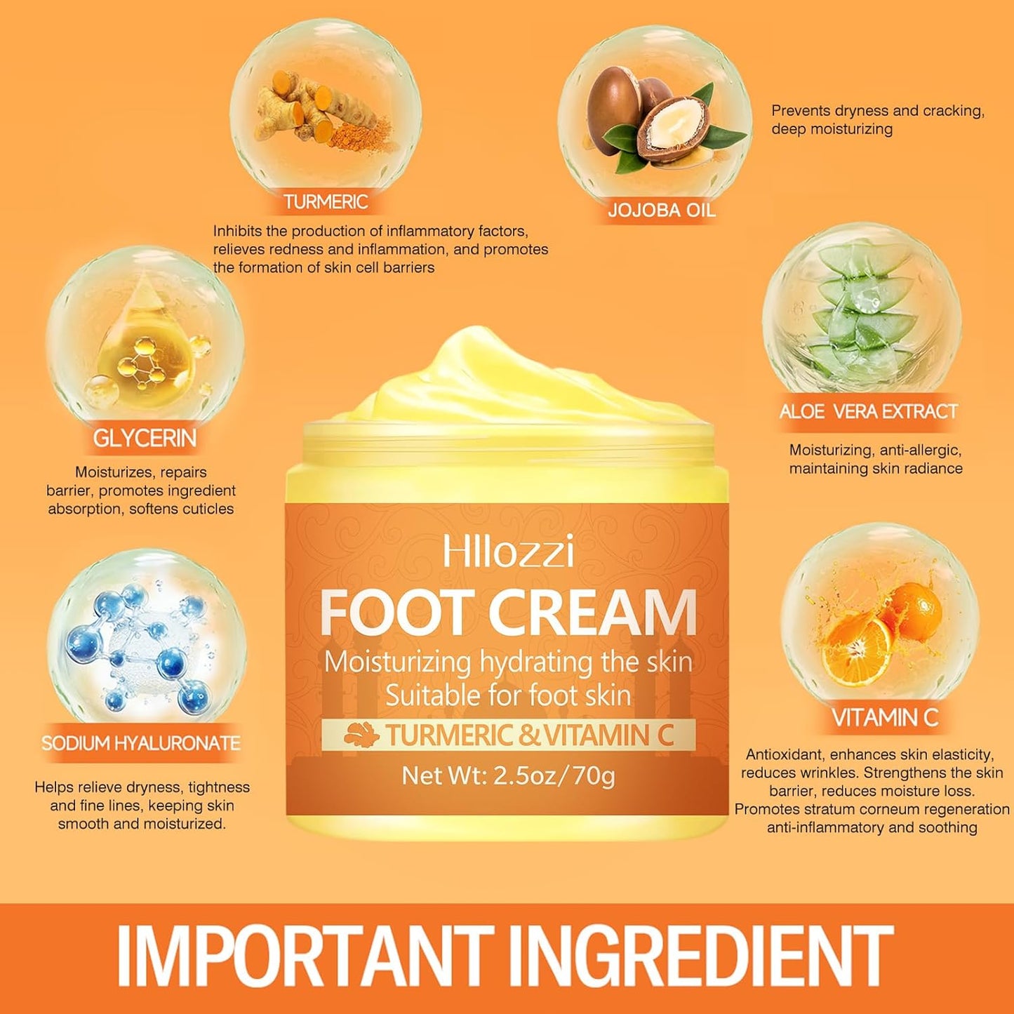 Turmeric & Vitamin C Foot Cream for Dry Cracked Heels and Feet, Ultra-Hydrating Softening Foot Cream, Moisturizes for Healthy Feet, 2.5 oz