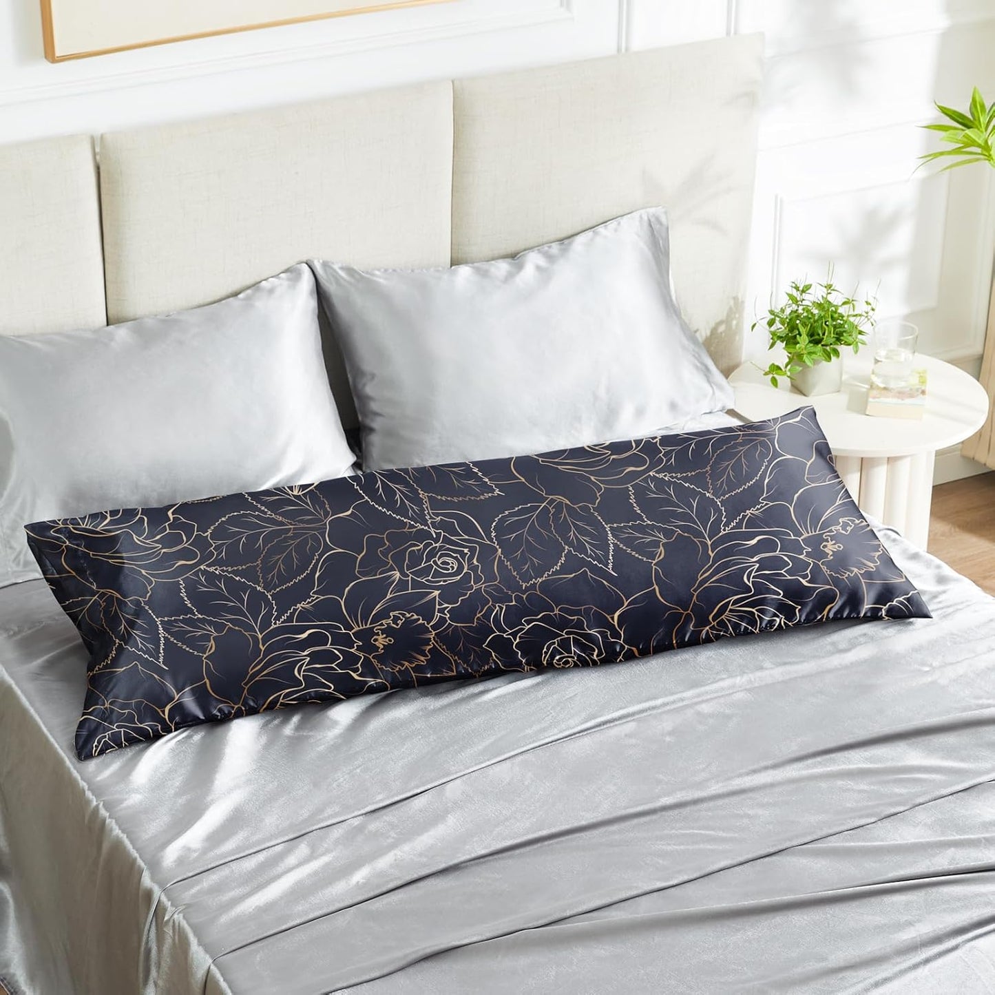 EXQ Home Satin Body Pillowcase for Hair and Skin- Rose on Blue Silk Long Pillowcase 20x54 inches - Satin Pillow Cases with Envelope Closure, Gifts for Women