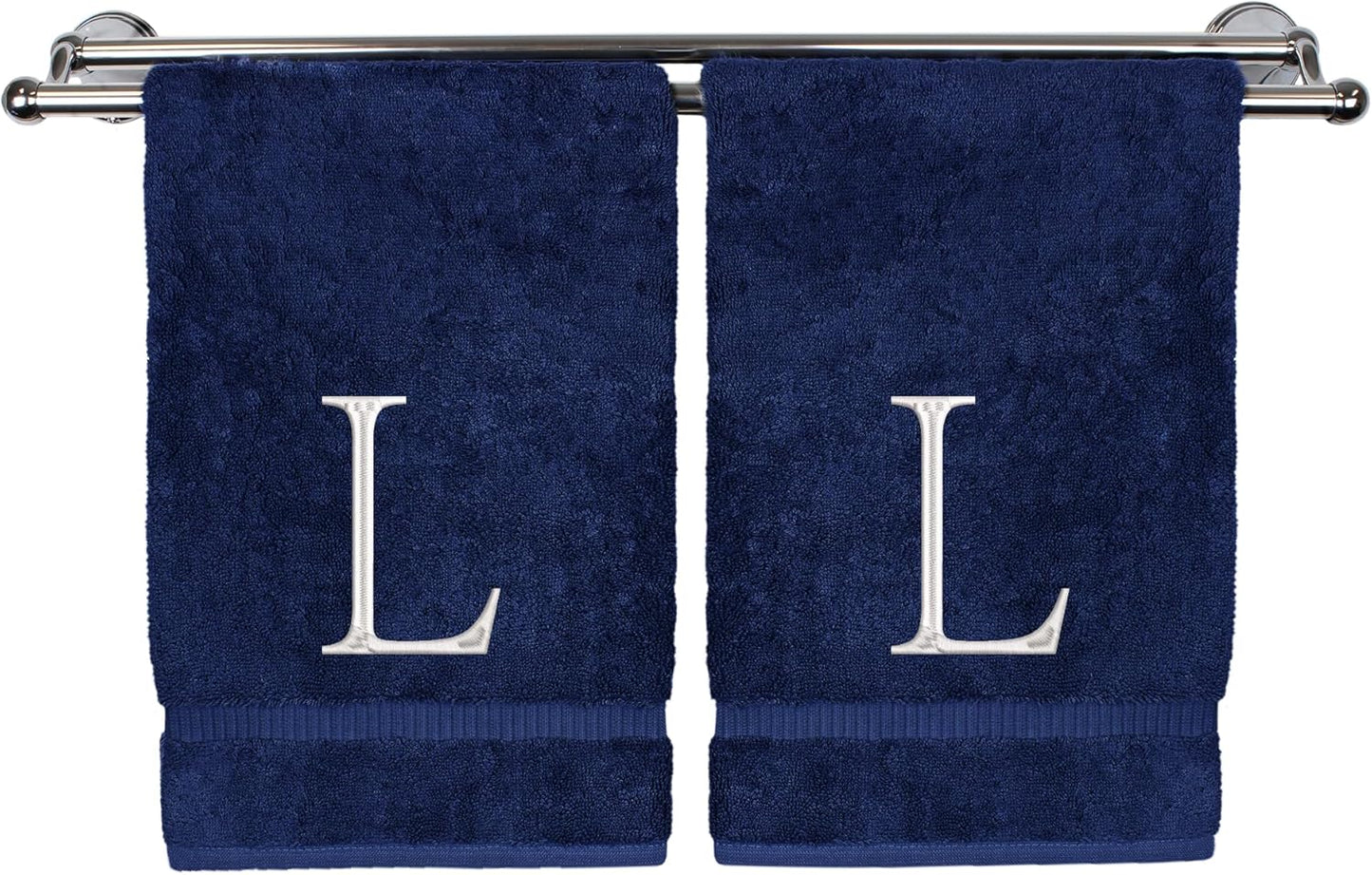 Monogrammed Hand Towel, Personalized Initial Gift, Extra Absorbent 100% Turkish Cotton - Soft Terry Finish - Set of 2 - White Block Initial L - Embroidered on Navy Blue Towels