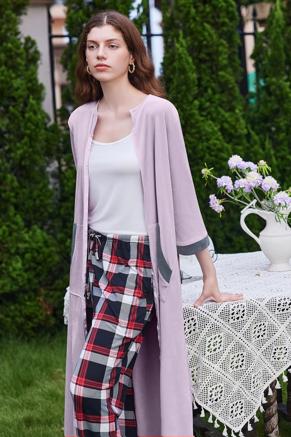 Ekouaer Women Zipper Robe 3/4 Sleeves Loungewear Dress Full Length Sleepwear Pockets Housecoat Nightgown Long Bathrobe