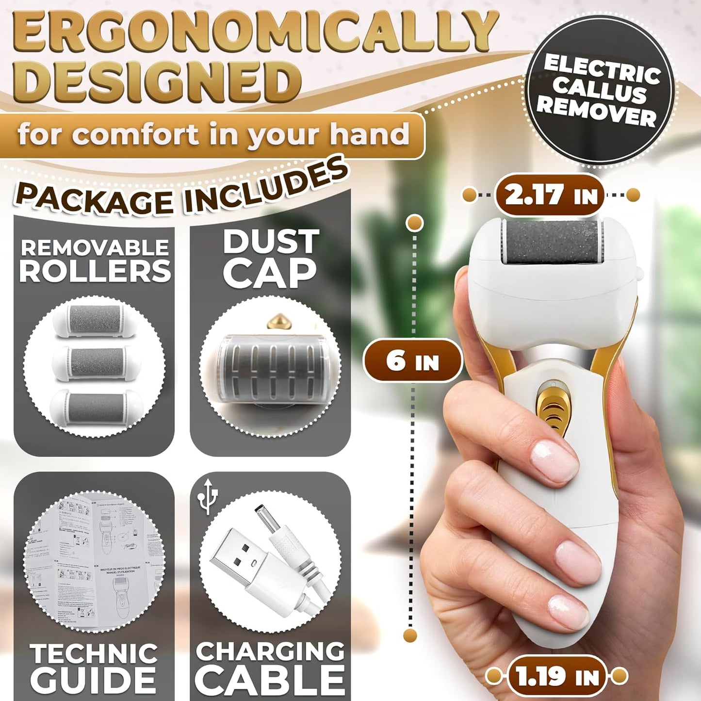 Electric Callus Remover for Feet – 5W Electric Foot Filer, 90-Min Runtime Foot Sander with Fast 2H Charge & 3 Replacement Rollers – Hard Skin Remover for Feet with Ergonomic Handle for Easy Grip