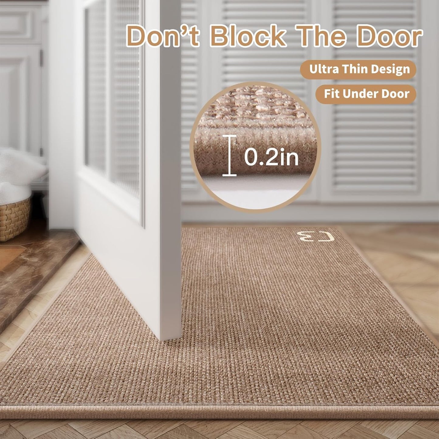 Ultra Thin Braided Bathroom Rugs Bath Mat Non Slip Washable, Rubber Backing Super Absorbent Thin Bathroom Rug Fit Under Door, Quick Dry Entrance Bath Rug Shower Floor Mat, Brown 20"x32"