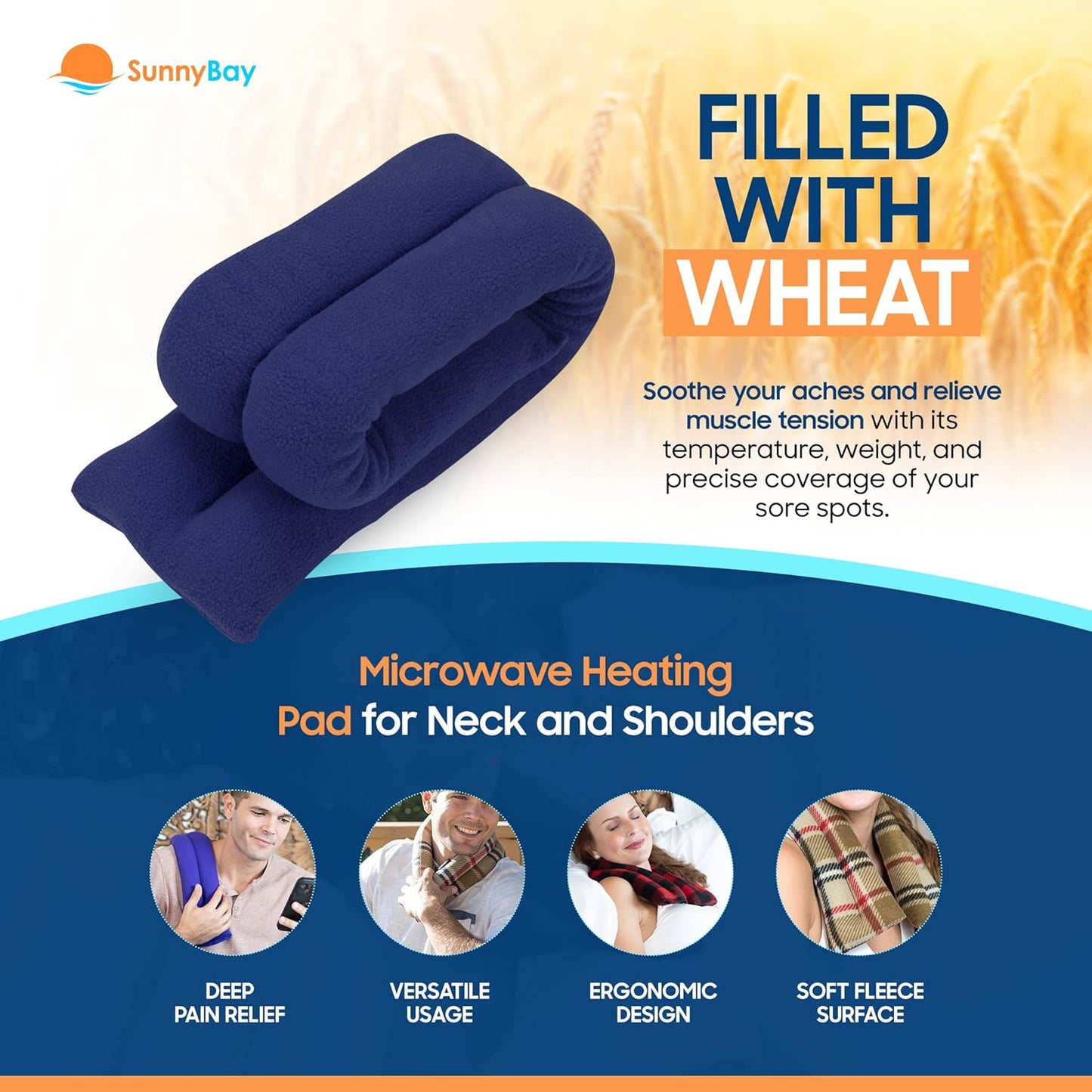 SunnyBay Microwave Heating Pad for Neck and Shoulders, 2.2 lbs 26 inch Long Versatile Microwavable Neck Wrap Warmer or Cool Pack, Hot or Cold Therapy to Relax Sore Muscles (Blue)
