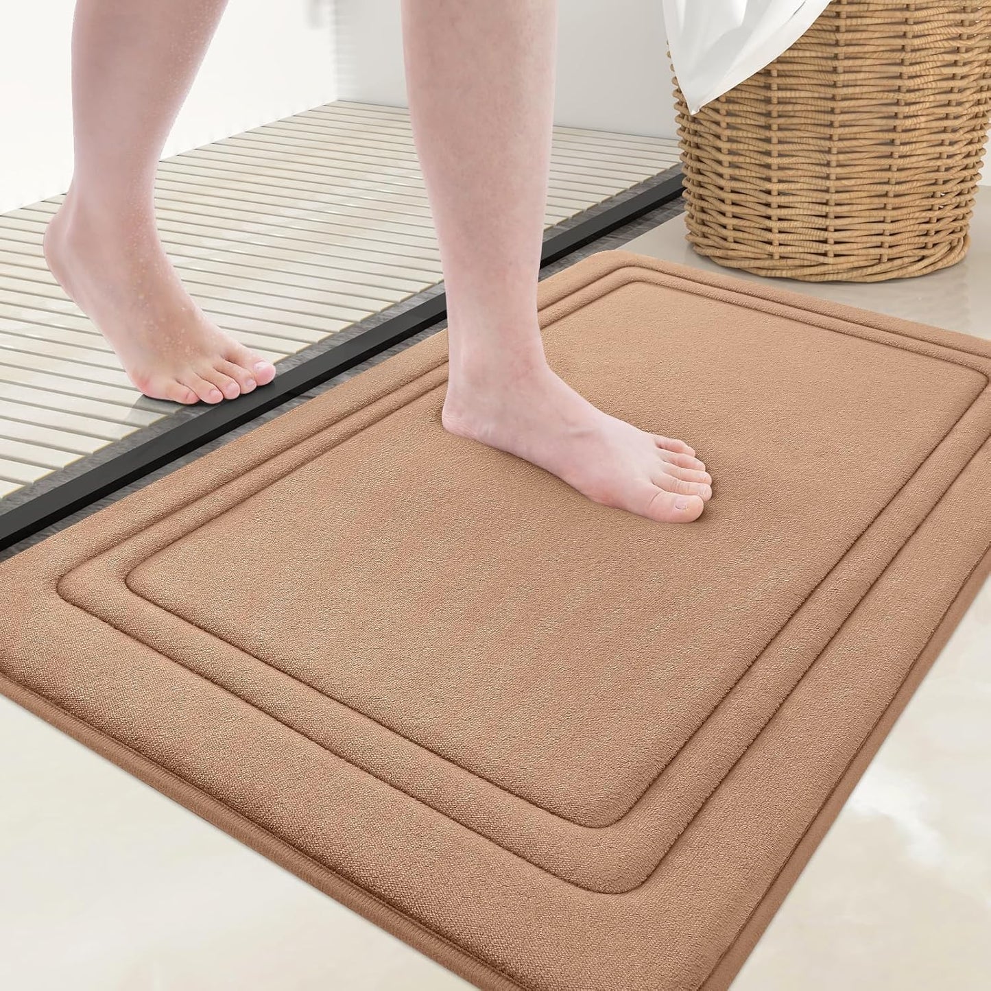 Grandaily Memory Foam Bath Mat Rug 24x16, Ultra Soft, Non-Slip and Absorbent Bathroom Rugs, Machine Wash Dry, Comfortable Bath Carpet for Bathroom Floor, Tub and Shower, Dark Beige