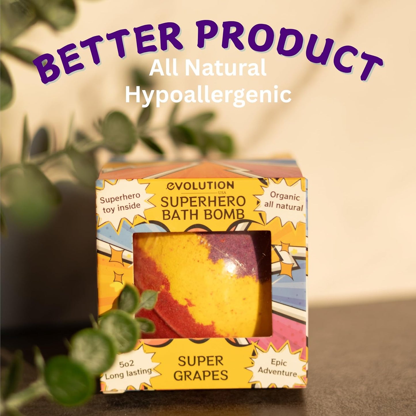 EvolutionUSA 1pc Black Epic Superhero Bath Bombs for Kids, Super Hero Bath Bomb with Toy Inside, Lush Childrens Bathbomb, Organic Bathbomb with Surprise Inside, Fizzy Fun Superhero Bath Ball