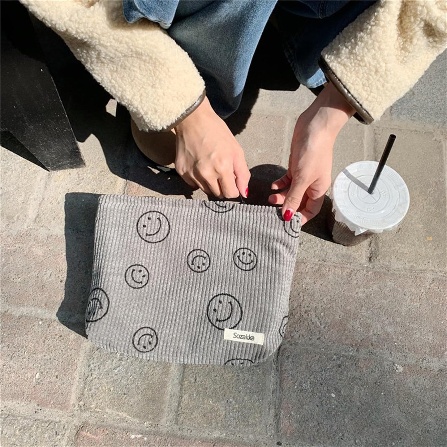 Cosmetic Bags for Women - Corduroy Cosmetic Bag Aesthetic Women Handbags Purses Smile Dots Makeup Organizer Storage Makeup Bag Girls Case Bags (A-Gray)