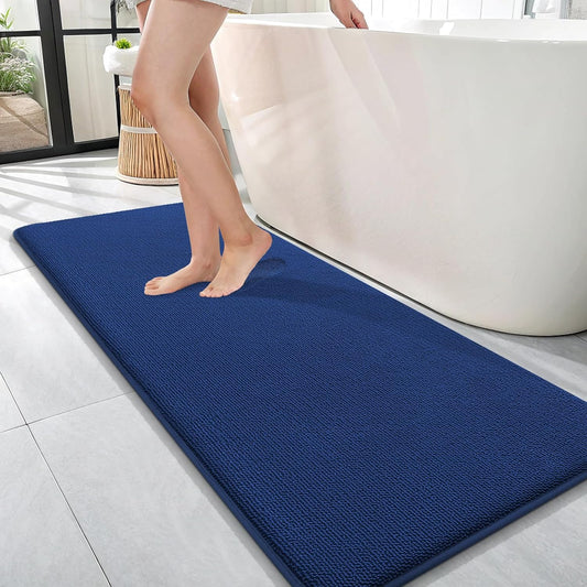 OLANLY Thick Memory Foam Bath Mat Rug 47x17, Extra Soft Absorbent Bathroom Rug, Quick Dry Bath Mats, Non-Slip, Machine Washable Carpet for Bathroom, Tub and Shower, Home Decor Accessories, Navy