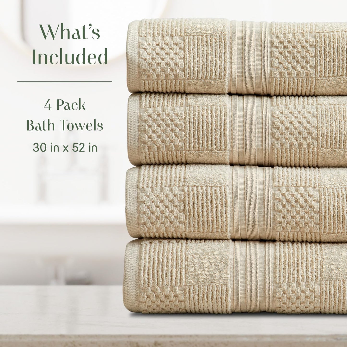 Springtree Home 100% Cotton Bath Towel Set of 4 | Beige Towels | Geometric Textured Design | Absorbent & Quick-Dry | 4 Bath Towels | Oeko-TEX® Standard 100 Cotton | Myla Collection - Sandshell