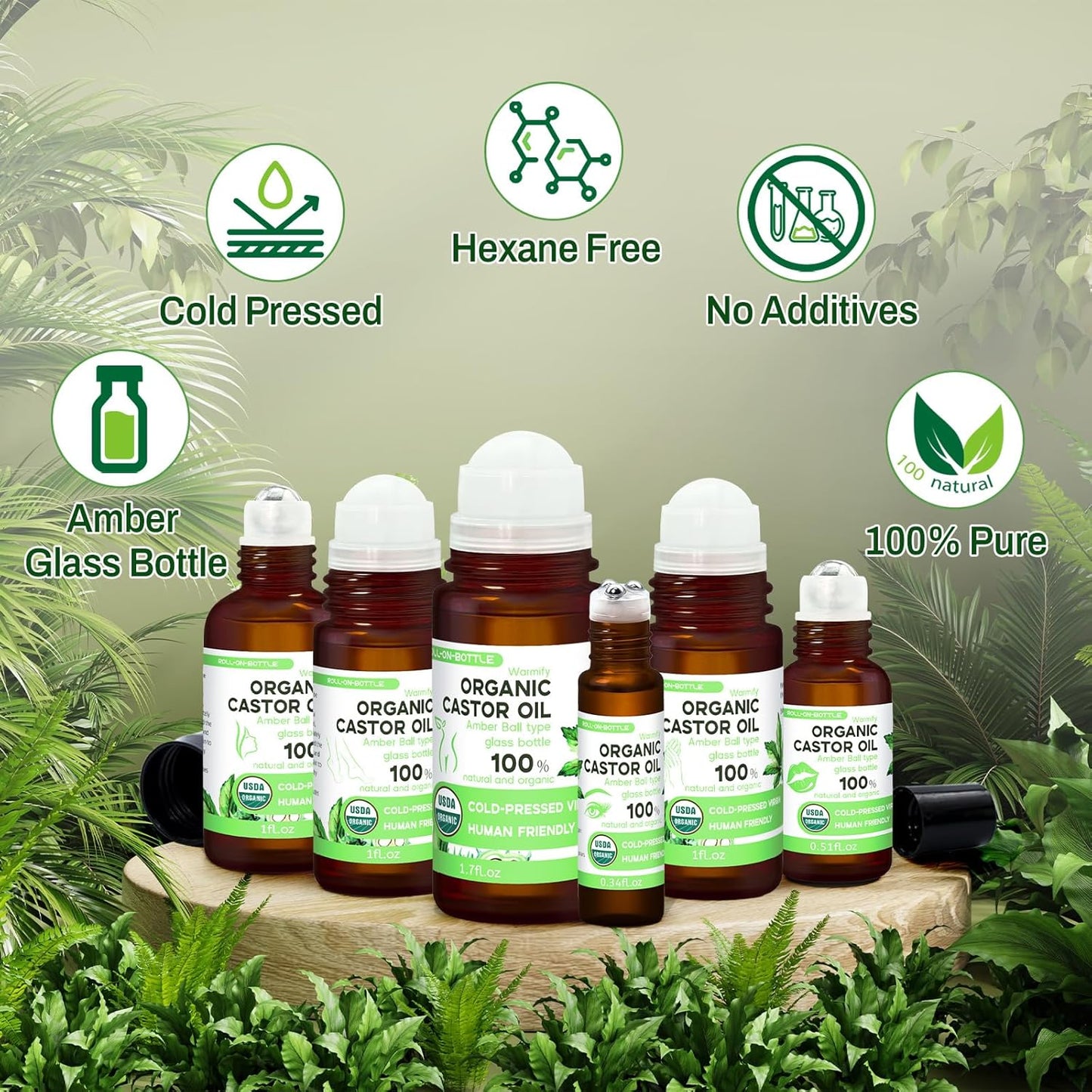 6-in-1 Castor Oil Roll on for Eye,Face,Hand,Feet,Body Skin,Certified Organic Cold Pressed Castor Oil Roller ball unrefined Glass Bottle - Total 5.58 fl.oz