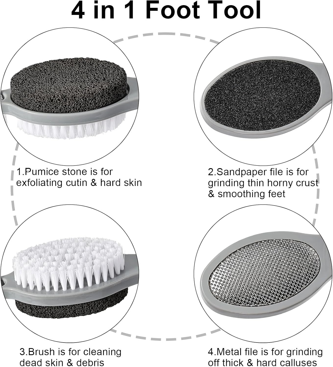 Pumice Stone Brush for Feet 4 in 1, Foot File Callus Remover, Foot Rasp and Sand Paper Pedicure Tools with Handle, Shower Foot Scrubber, Soft Smooth Feet for Home Foot Care,4 Pack