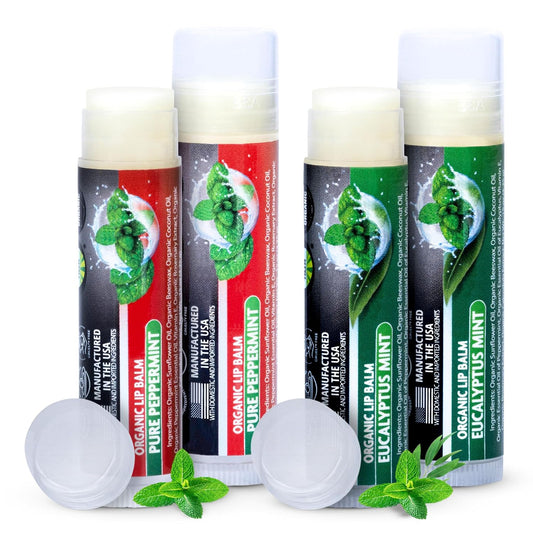 Organic Lip Balm Variety Pack | 4 Pack Peppermint & Eucalyptus Mint Chapstick Set | Moisturizing for Dry Lips | For Men and Women