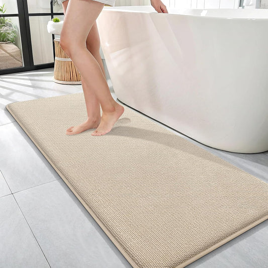 OLANLY Thick Memory Foam Bath Mat Rug 47x17, Extra Soft Absorbent Bathroom Rug, Quick Dry Bath Mats, Non-Slip, Machine Washable Carpet for Bathroom, Tub and Shower, Home Decor Accessories, Beige