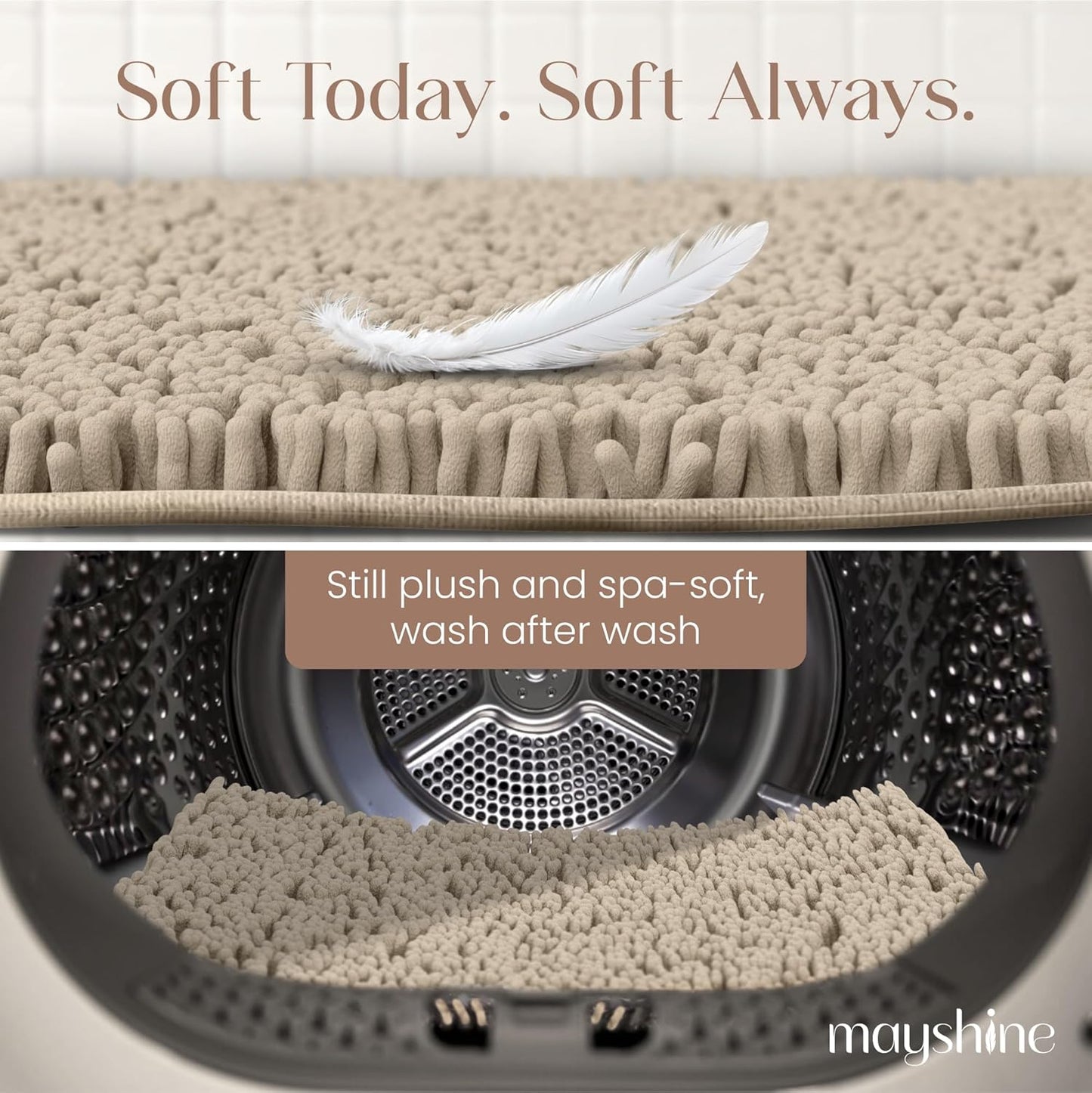 MAYSHINE Plush Shaggy Chenille Bath Mat | Extra Soft, Super Absorbent, Non-Slip Bathroom Rug | Fluffy Microfiber, Area Rug Sets for Bathroom Floor, Kitchen, Living Room | 39"x24" | Beige