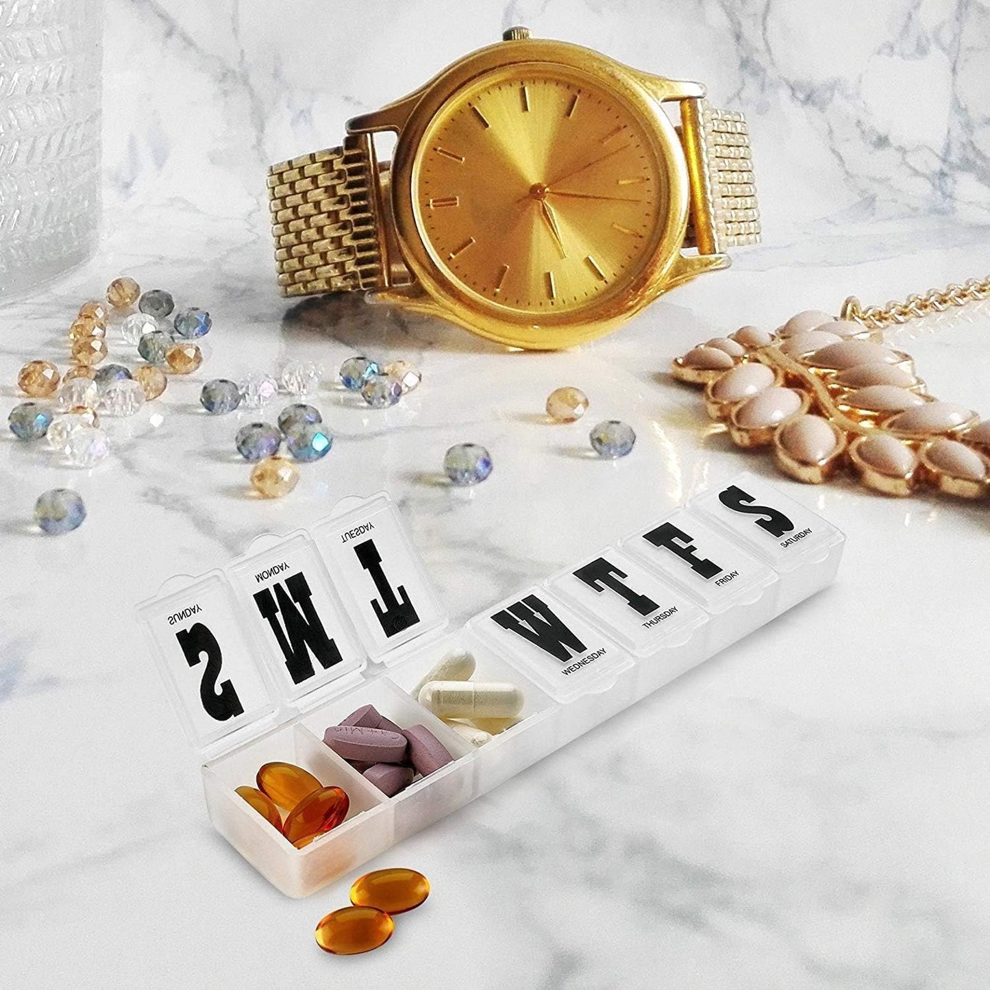 Pill Organizers - Pack of 4 Bold Letter Weekly Pill Planners for 28 Days Total to Separate Supplements, Fish Oils & Vitamins Daily Medication Reminder for Travel & Purse