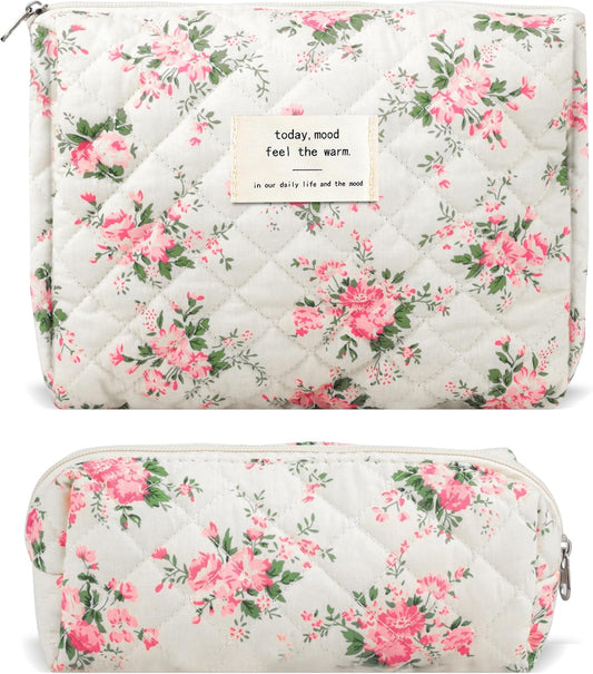 2Pcs Quilted Cotton Makeup Bag Large Travel Makeup Pouch Small Brush Holder Set for Women Floral Coquette Makeup Bag Cute Aesthetic Cosmetic Bag Blue Toiletry Organizer Storage Bag Big Zipper Pouch