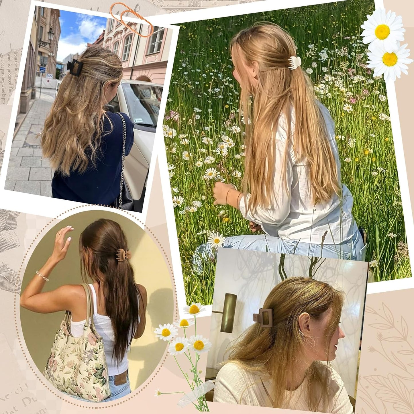 DEEKA 8 Pack Medium Small Hair Clips Set 2"" Rectangle and 1.6"" Double Row Teeth Hair Claw Clips for Thin Short Hair Matte Hair Clips Hair Accessories for Women Girls, Beige, Brown, Khaki, Black