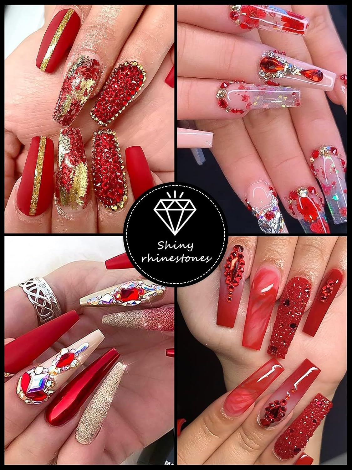 3100Pcs Red Rhinestones for Nails EBANKU Nail Art Rhinestones Kit Red Nail Crystal Rhinestones Mixed Shape with Rhinestone Picker Dotting Pen Tweezers for Christmas DIY Nail Art Craft