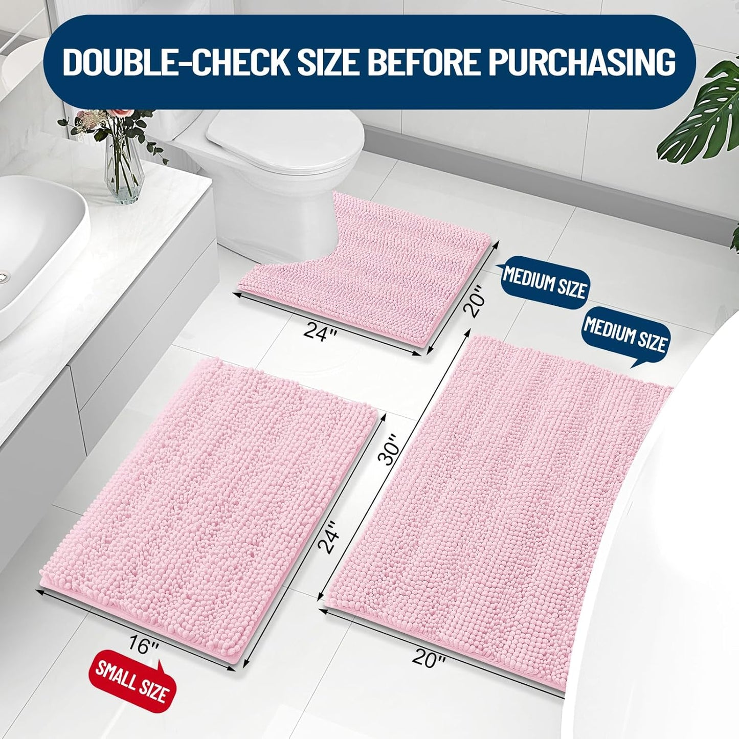 Grandaily Chenille Striped Bathroom Rugs 47x24, Extra Thick and Absorbent Bath Mats, Non-Slip Soft Plush Shaggy Shower Carpet, Machine Wash Dry, Bath Rug for Bathroom, Pink