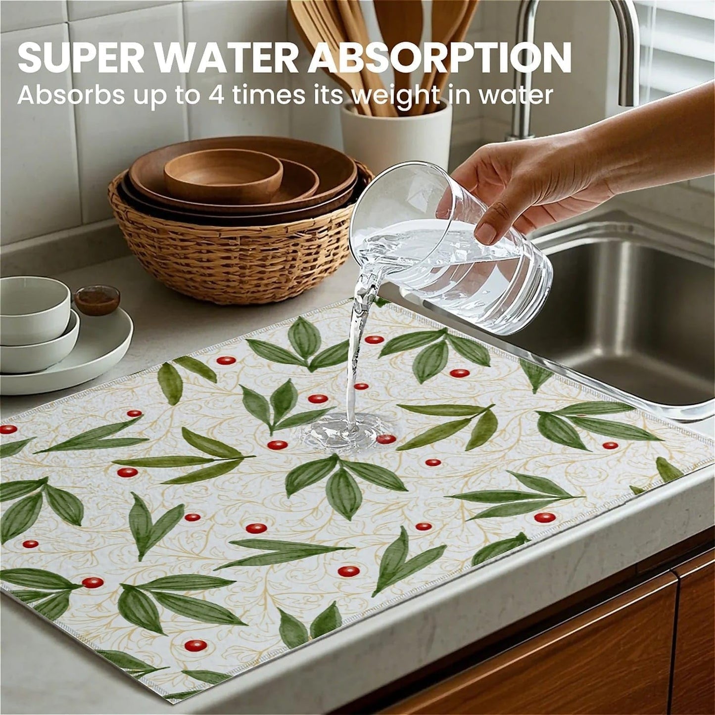 Dish Drying Mat For Kitchen Counter, Green Leaves Beige Microfiber Absorbent Dish Drainer Rack Pad Reusable Large 18x24in Drying Mat