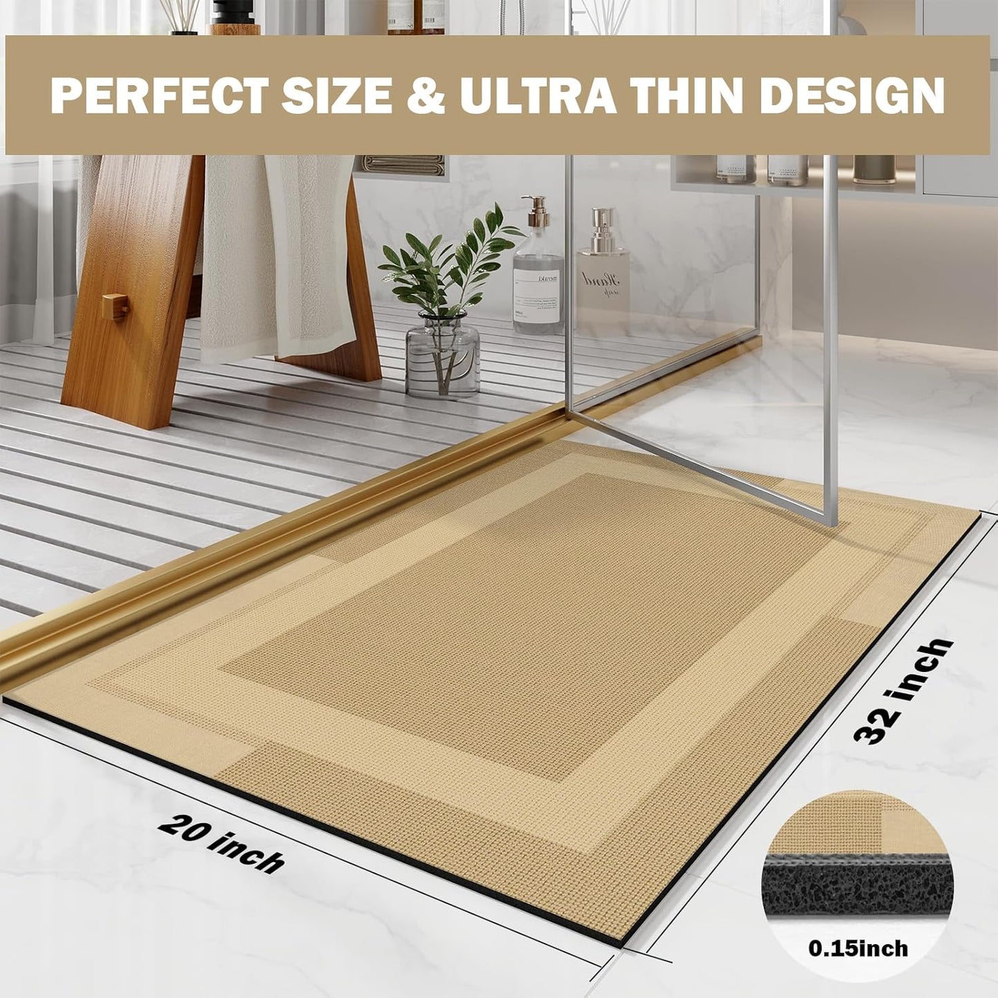 Non Slip Bath Mat, Rubber Backing Ultra Thin Bathroom Rugs Fit Under Door Quick Dry Super Absorbent Washable Bath Rug Shower Mat for Bathroom Floor Bathtub Shower Sink, Easy Care Brown 20"x 32"