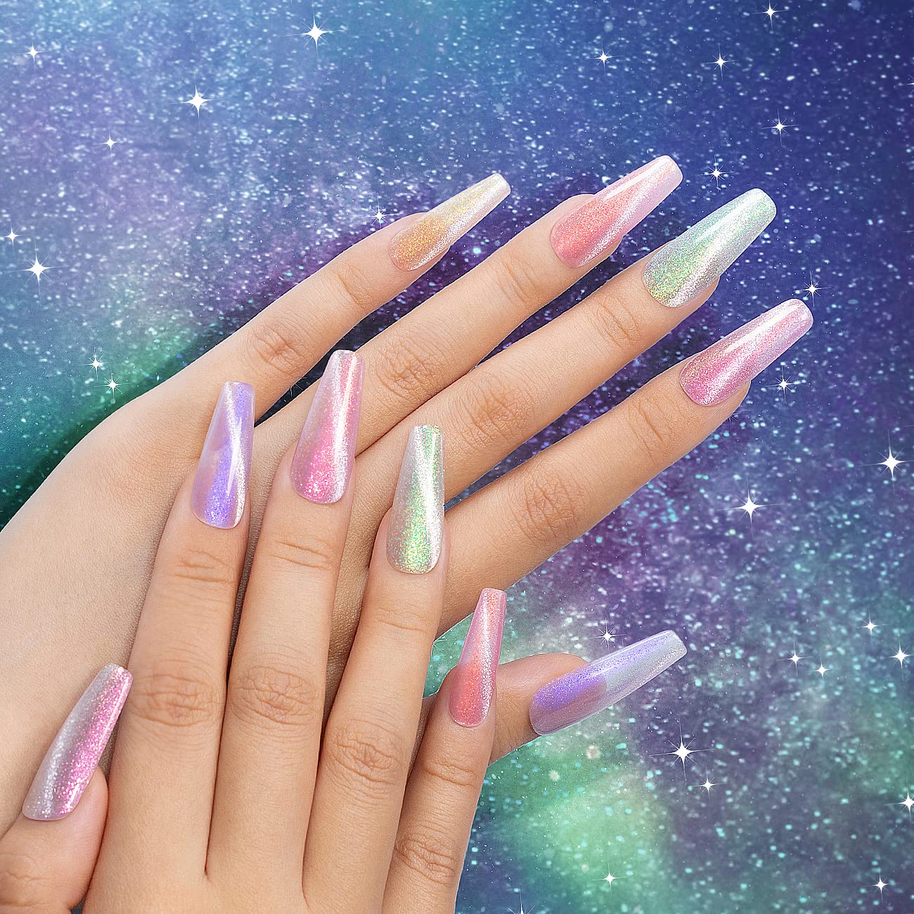 RARJSM Aurora Cat Eye Gel Nail Polish Set 6 Colors Velvet Silver Glitter Purple Pink Green Champagne Galaxy Star Cloud Ice Gel Polish with Magnet Stick UV LED Curing Requires Soak Off Home Salon