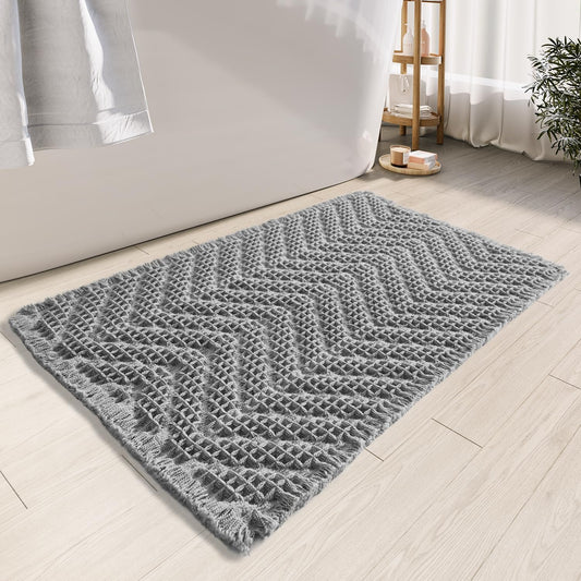 Boho Bath Mat BathDecor Rugs,Upgraded Waffle Bath Mat,Super Absorbent Non Slip Bath Carpet,Machine Washable Bath Rugs, Quick Dry Shower Mats, Ultra Soft,Gray,24" x 36"