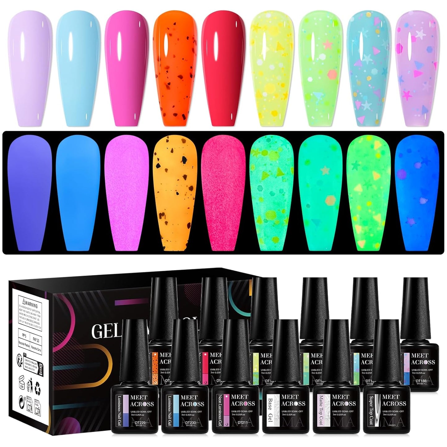 MEET ACROSS 9 Colors Gel Nail Polish + 3PCS Function Gel Nail Polish Kit,Fashion Nail Art Set Design Gifts for Women Manicure Salon (SET16, 12pcs)