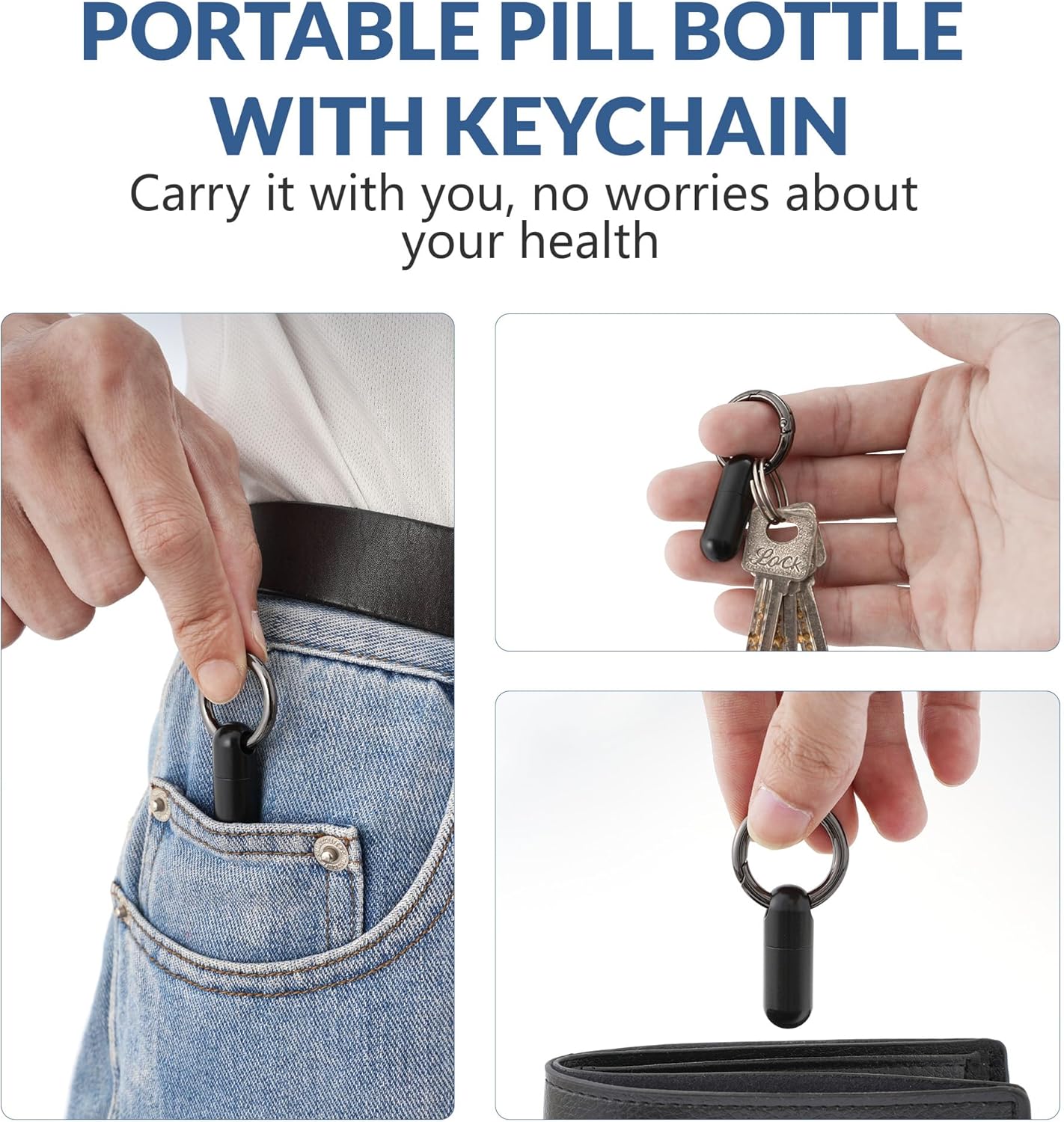 TISKY Small Keychain Pill Holder Titanium,Waterproof Tiny Pill Container with Keyring,Mini Portable Pill Case for Travel,Pill Organizer for Purse Pocket(Black)