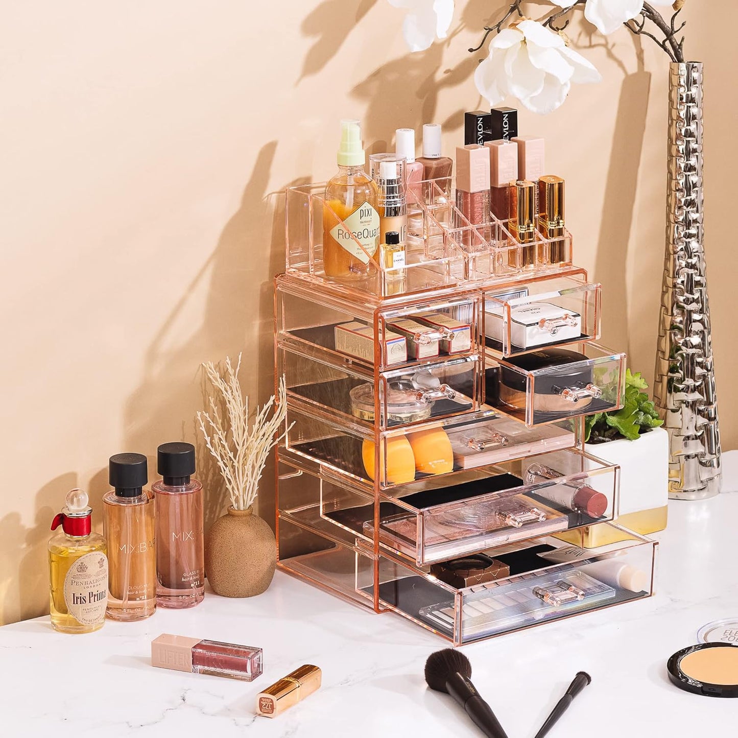 Sorbus Clear Cosmetic Makeup Organizer - Make Up & Jewelry Storage, Case & Display - Spacious Design - Great Holder for Dresser, Bathroom, Vanity & Countertop (3 Large, 4 Small Drawers) [Pink]