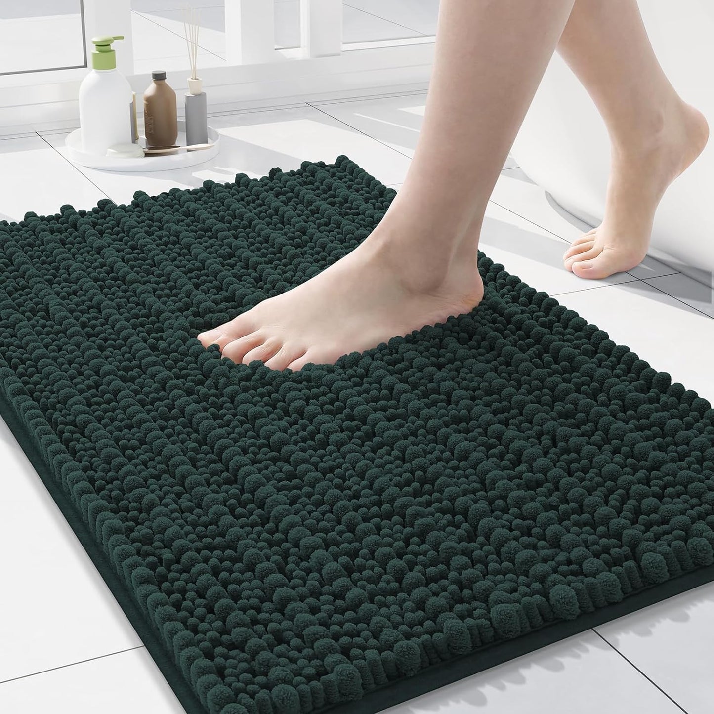 Arotive Luxury Chenille Bathroom Rug Mat, Extra Soft Thick Absorbent Shaggy Bath Rugs, Non-Slip Machine Wash Dry, Plush Bath Mats for Bathroom, Shower and Tub, 24x16, Dark Green